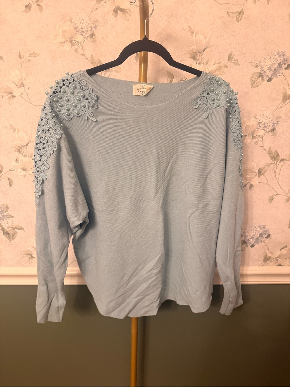 Light Blue Pearl & Lace Shoulder Sweater - Unbranded
